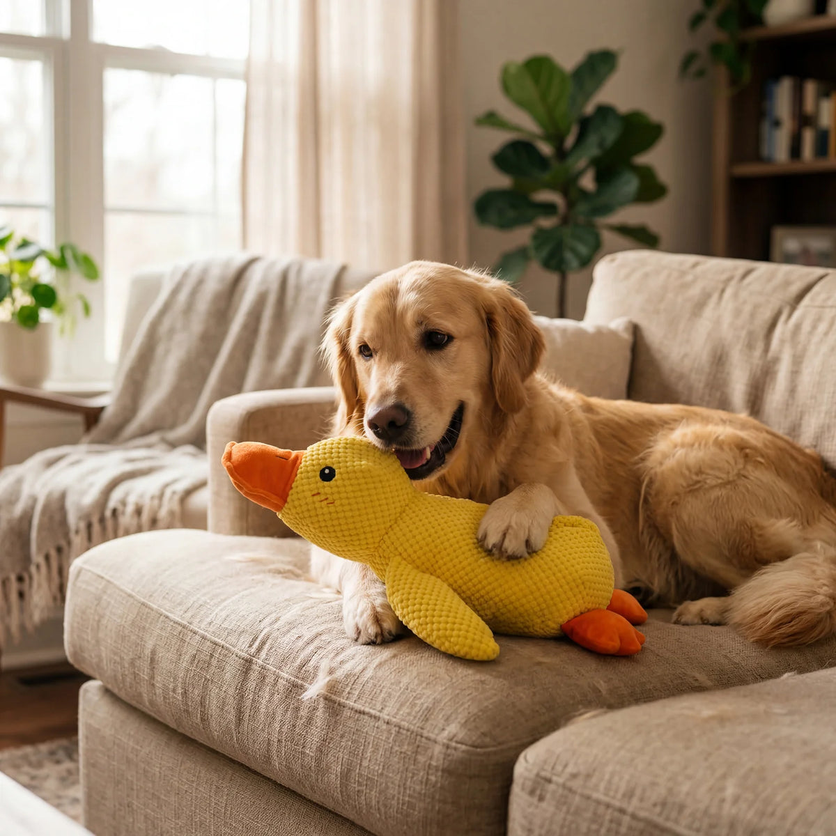 Golden Retriever kaut entspannt auf der gelben Anti-Stress-Ente auf dem Sofa