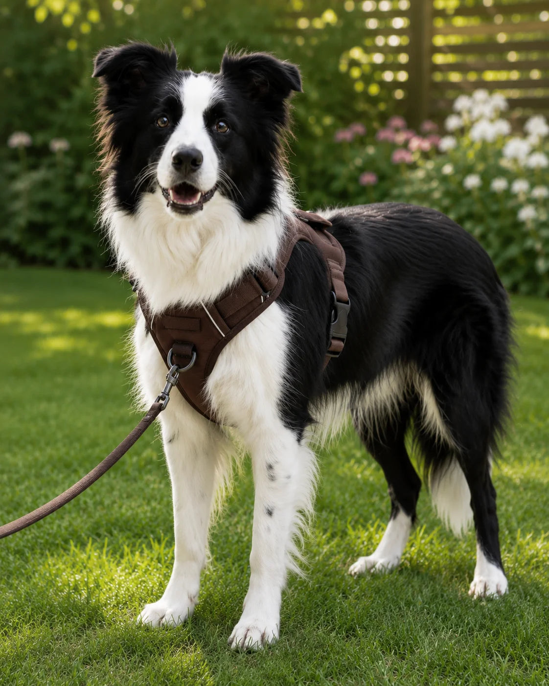 Border Collie mit braunem BergBello Anti-Zieh-Geschirr steht angeleint im Garten auf dem Rasen