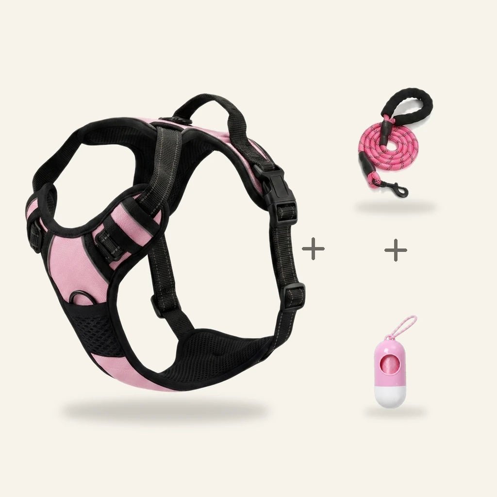 Bundle: Anti-Zieh-Geschirr in Rosa mit passender Leine und Kotbeutelspender