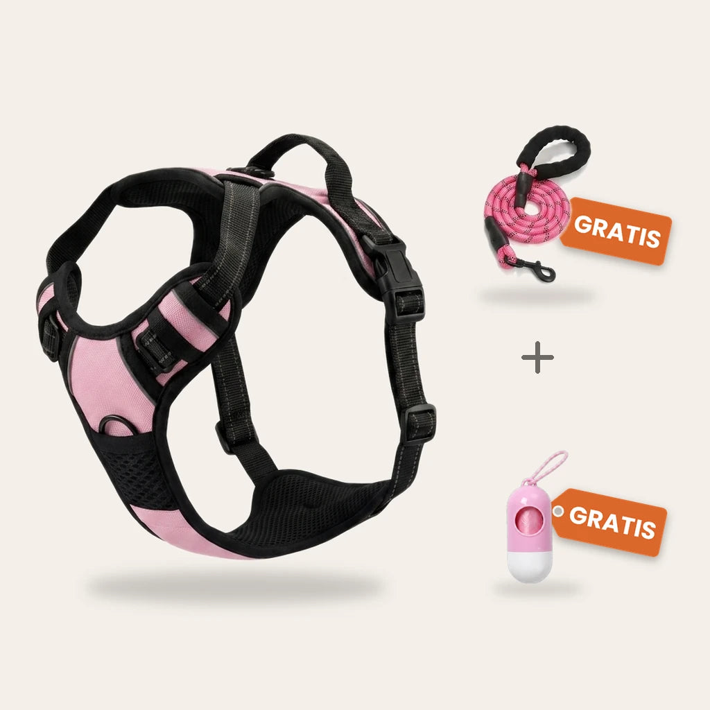 Bundle: Anti-Zieh-Geschirr in Rosa mit passender Leine und Kotbeutelspender