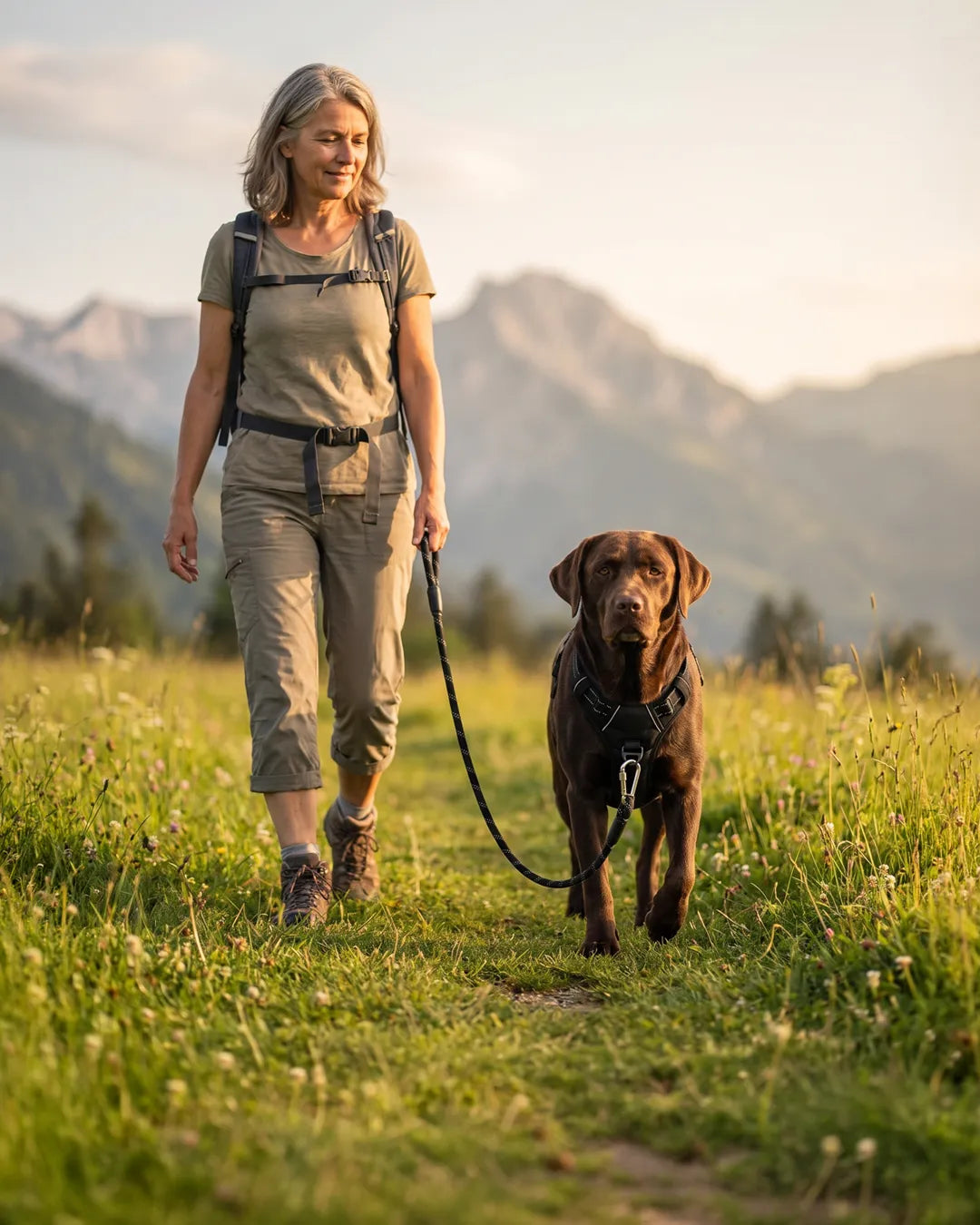 Frau spaziert mit braunem Labrador über eine Blumenwiese in den Bergen, die Leine am Front-Clip des BergBello Anti-Zieh-Geschirrs befestigt