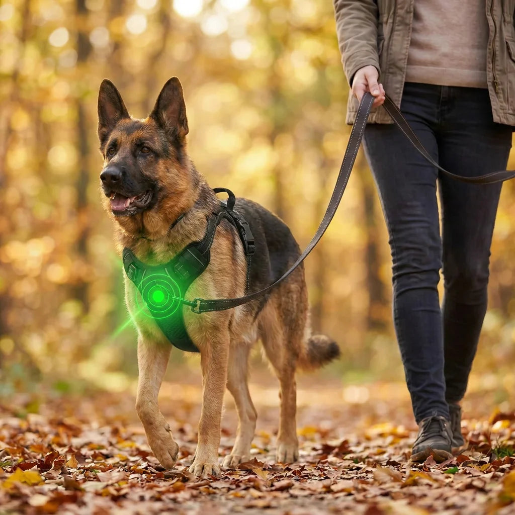 Nachher: Schäferhund läuft entspannt an lockerer Leine, der Front-Clip des Anti-Zieh-Geschirrs lenkt den Zug sanft um