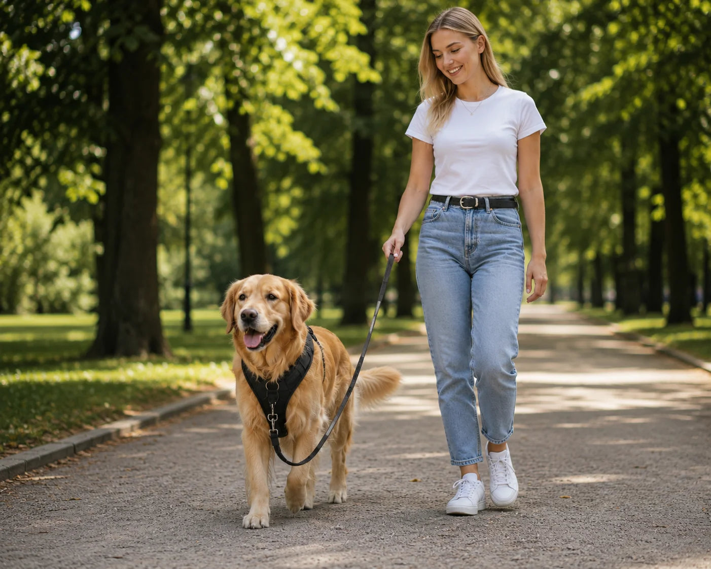 Frau spaziert mit Golden Retriever an lockerer Leine im Park – entspanntes Gehen ohne Ziehen