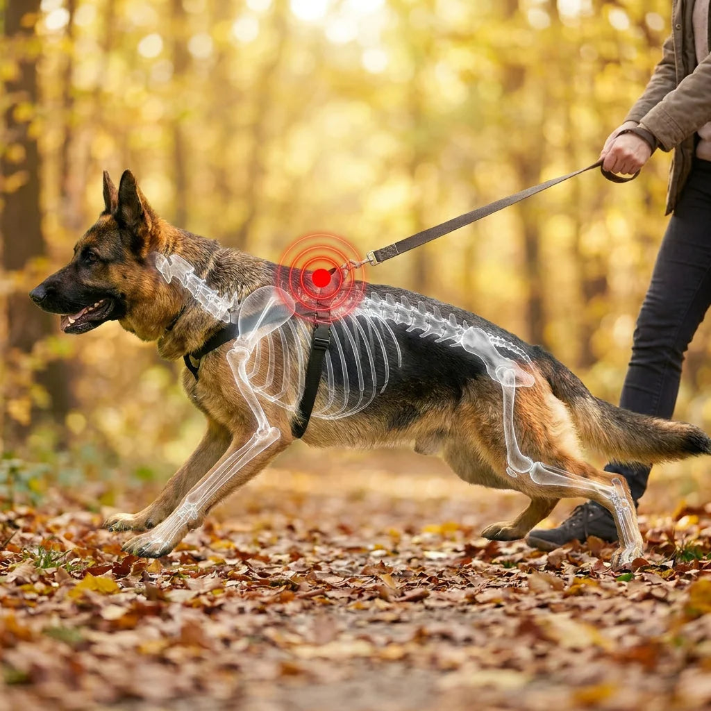 Vorher: ziehender Schäferhund am Halsband, die Röntgen-Illustration zeigt die Druckbelastung auf Hals und Wirbelsäule