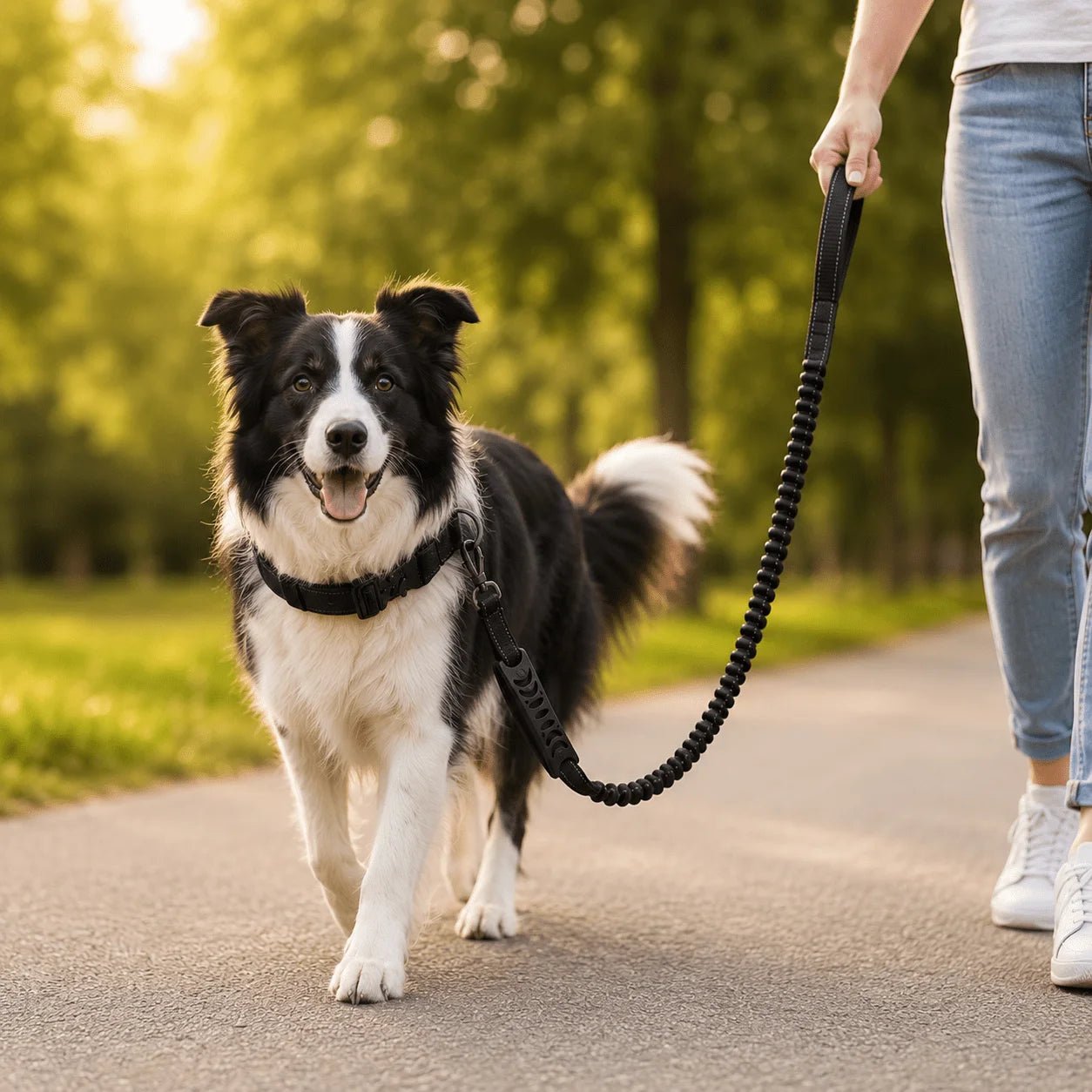 Border Collie läuft entspannt an schwarzer Bungee-Hundeleine im Park