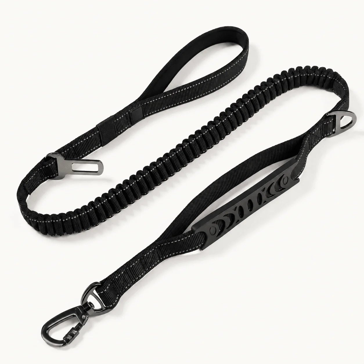Schwarze Bungee-Hundeleine mit Stoßdämpfung, gepolstertem Griff, Karabiner und Auto-Gurtadapter