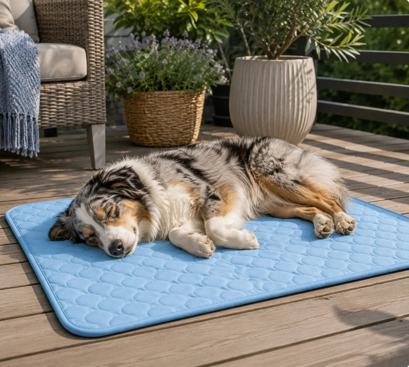 Australian Shepherd schläft auf hellblauer Kühlmatte auf der Terrasse