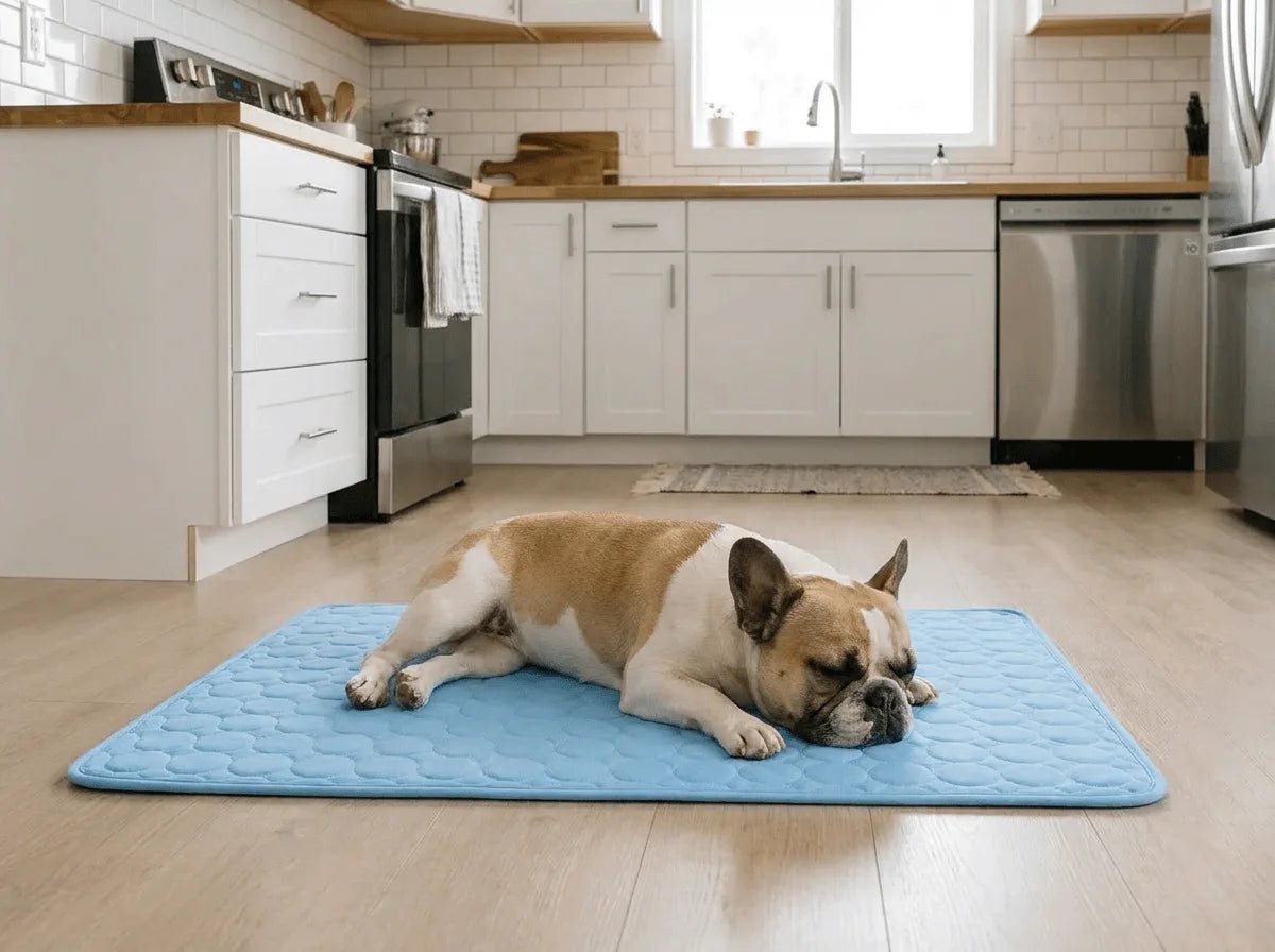 Französische Bulldogge schläft auf hellblauer Kühlmatte auf dem Küchenboden