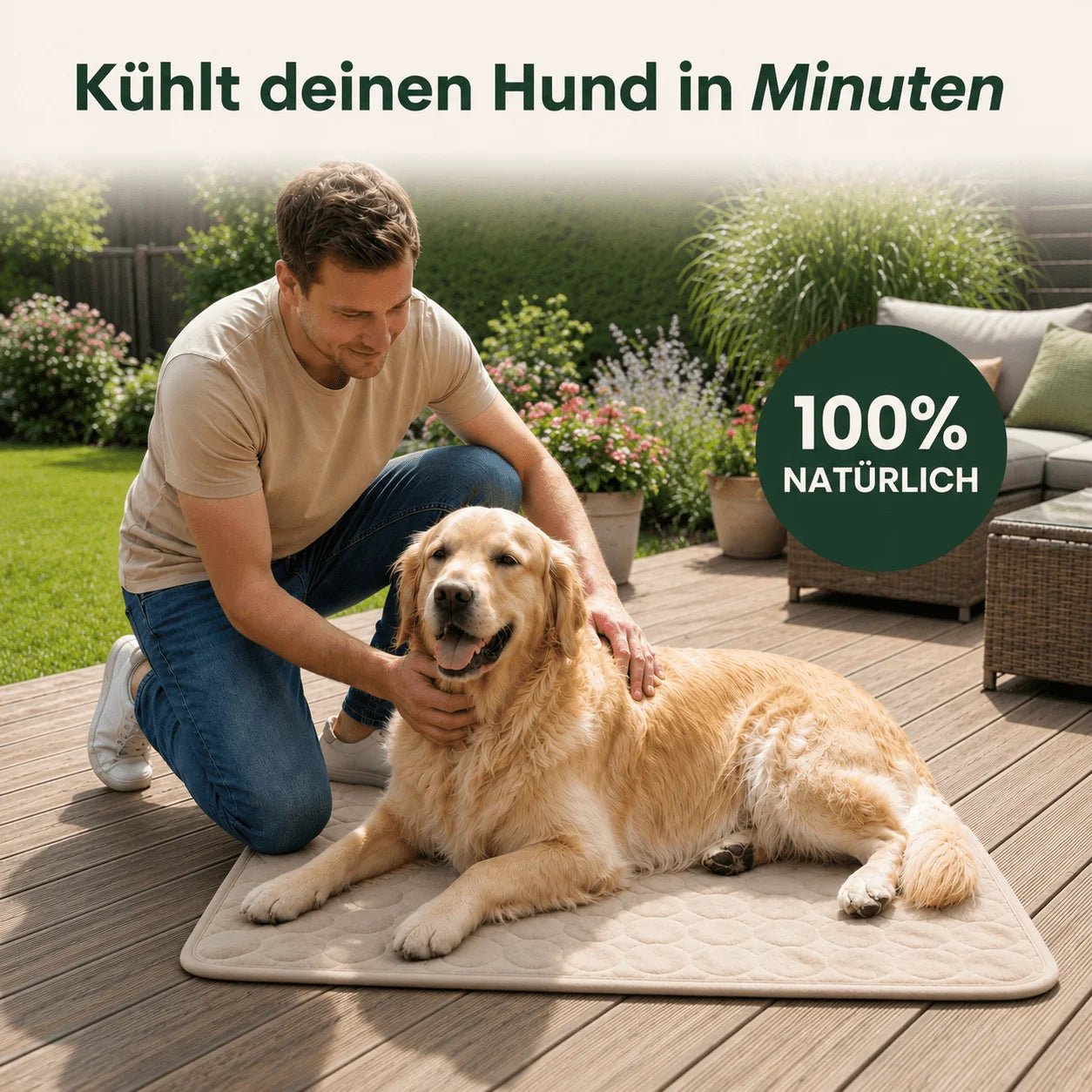 Golden Retriever liegt auf beiger Kühlmatte auf der Holzterrasse und wird von seinem Besitzer gestreichelt – kühlt in Minuten, 100 % natürlich