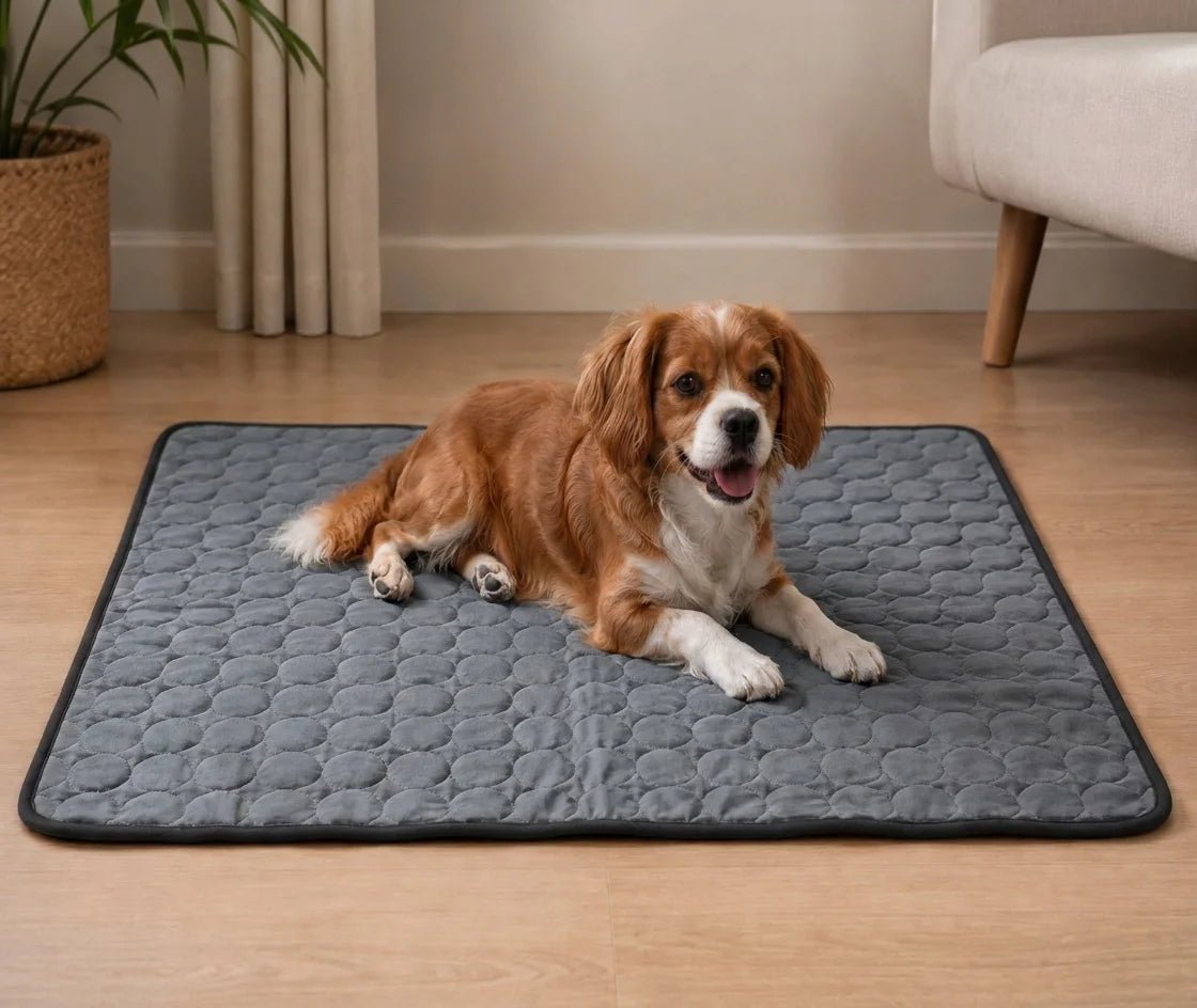 Cavalier King Charles Spaniel sitzt auf grauer Kühlmatte im Wohnzimmer