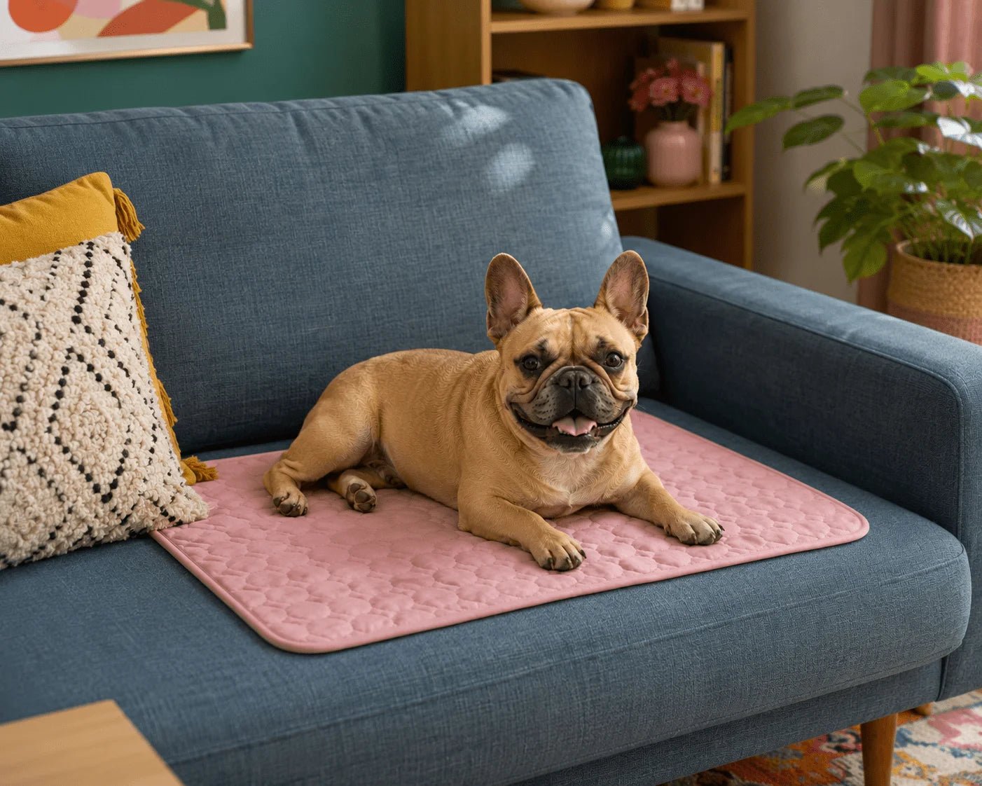 Beige Französische Bulldogge liegt auf rosa Kühlmatte auf dem blauen Sofa