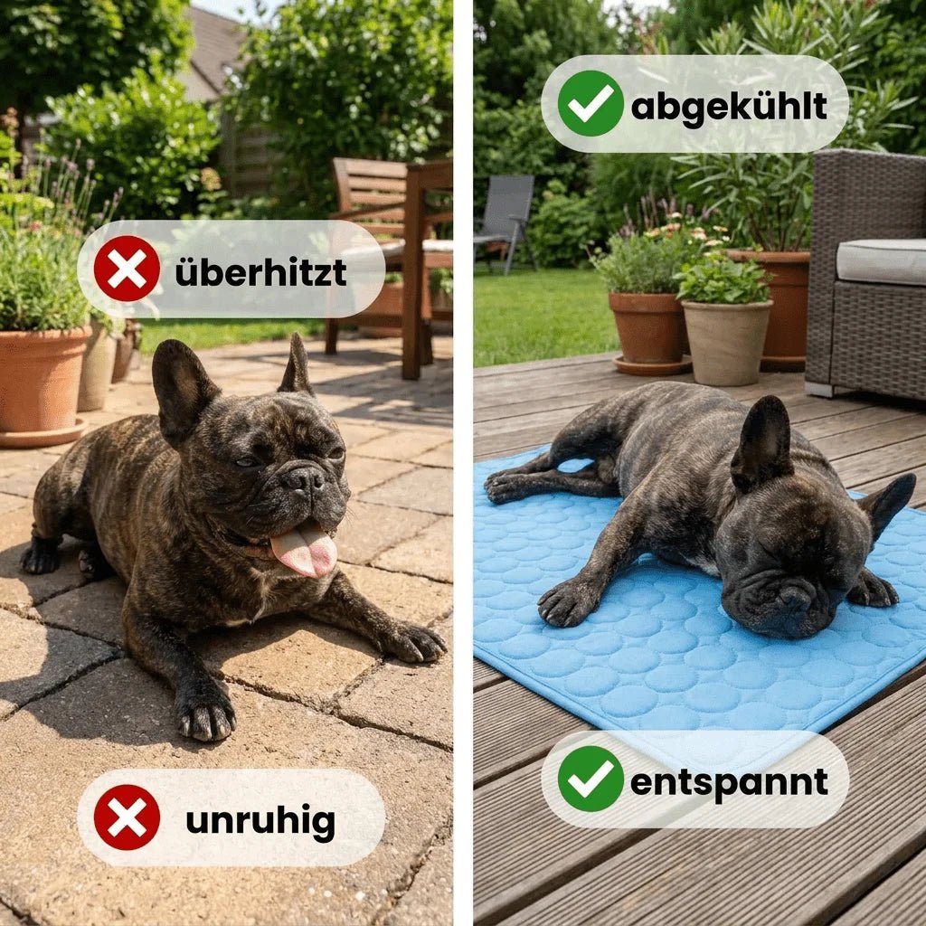 Vorher-Nachher-Vergleich: Französische Bulldogge hechelt überhitzt auf der Terrasse, dann entspannt abgekühlt auf blauer Kühlmatte im Garten