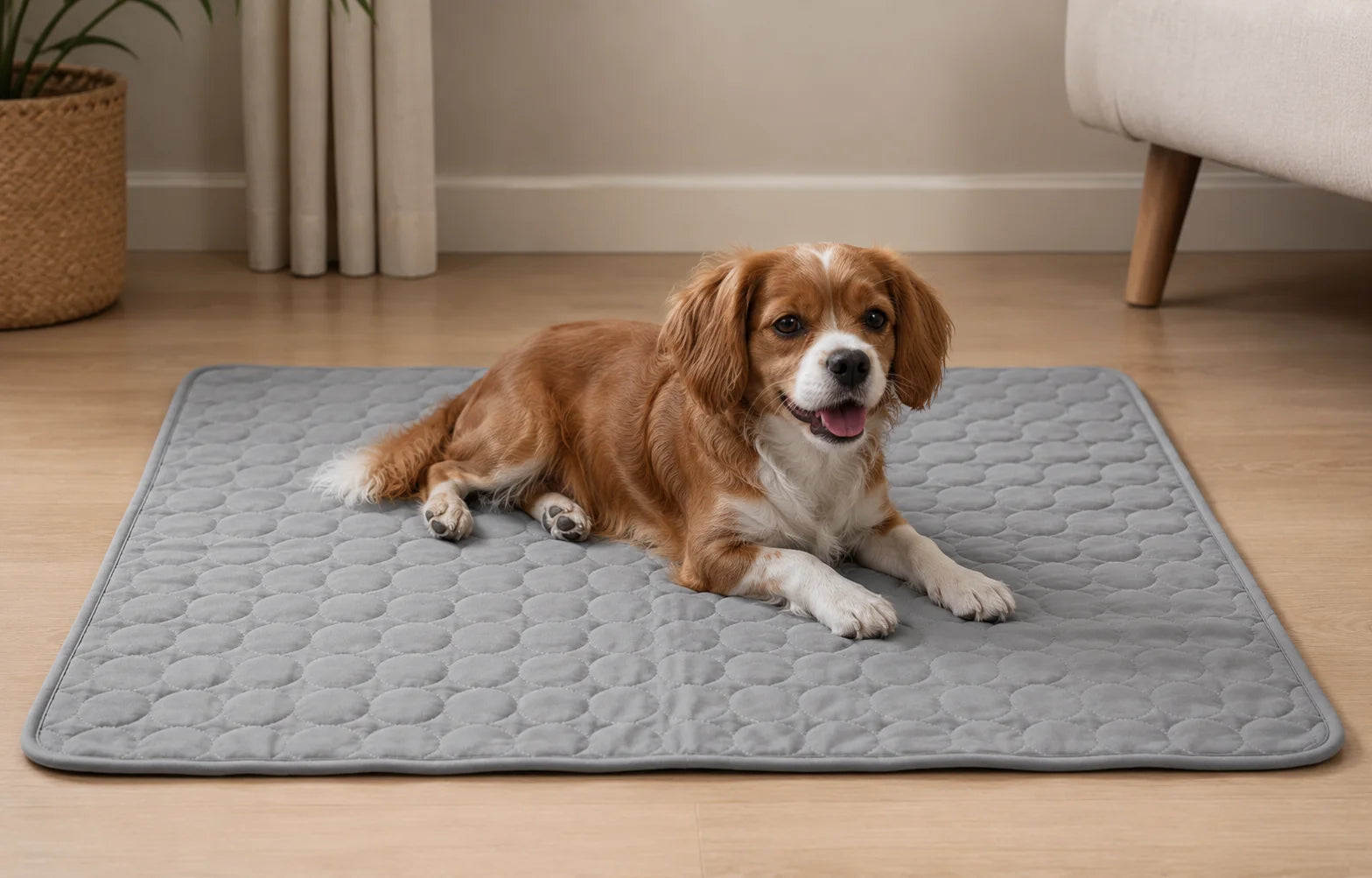 Cavalier King Charles Spaniel liegt auf grauer Kühlmatte auf dem Parkettboden