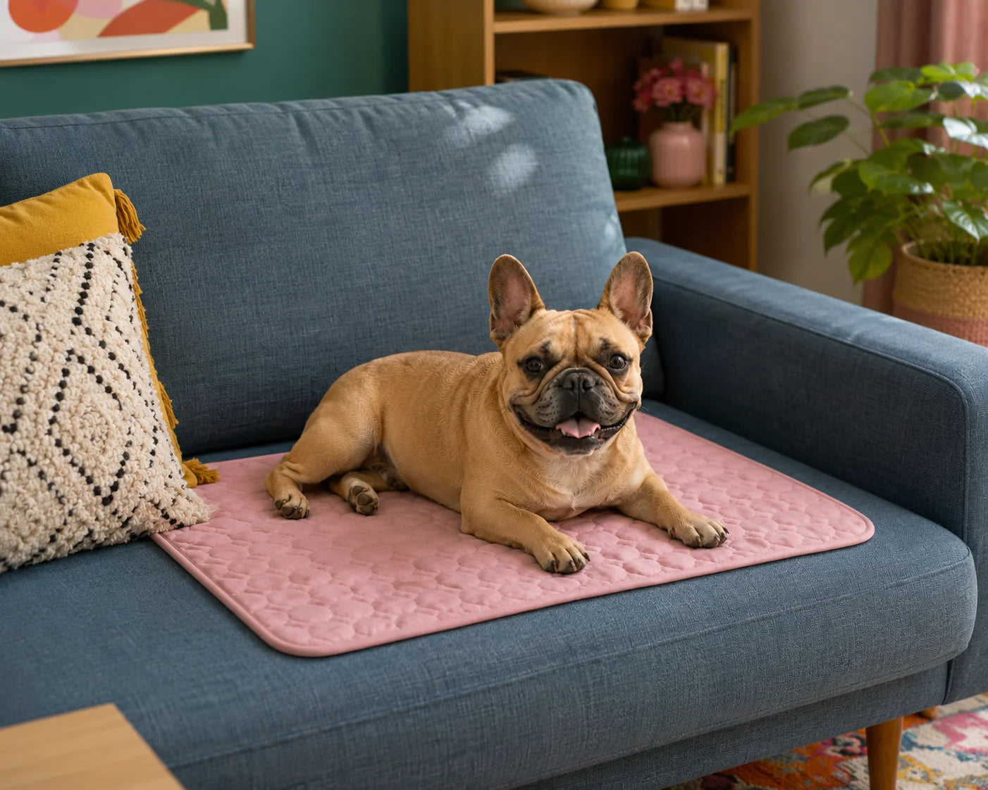 Französische Bulldogge liegt auf rosa Kühlmatte auf dem blauen Sofa im Wohnzimmer