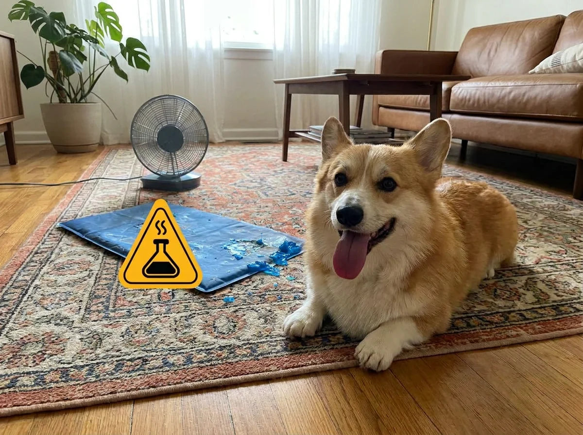 Corgi neben einer zerbissenen Gel-Kühlmatte mit Warnsymbol – herkömmliche Gelmatten können auslaufen