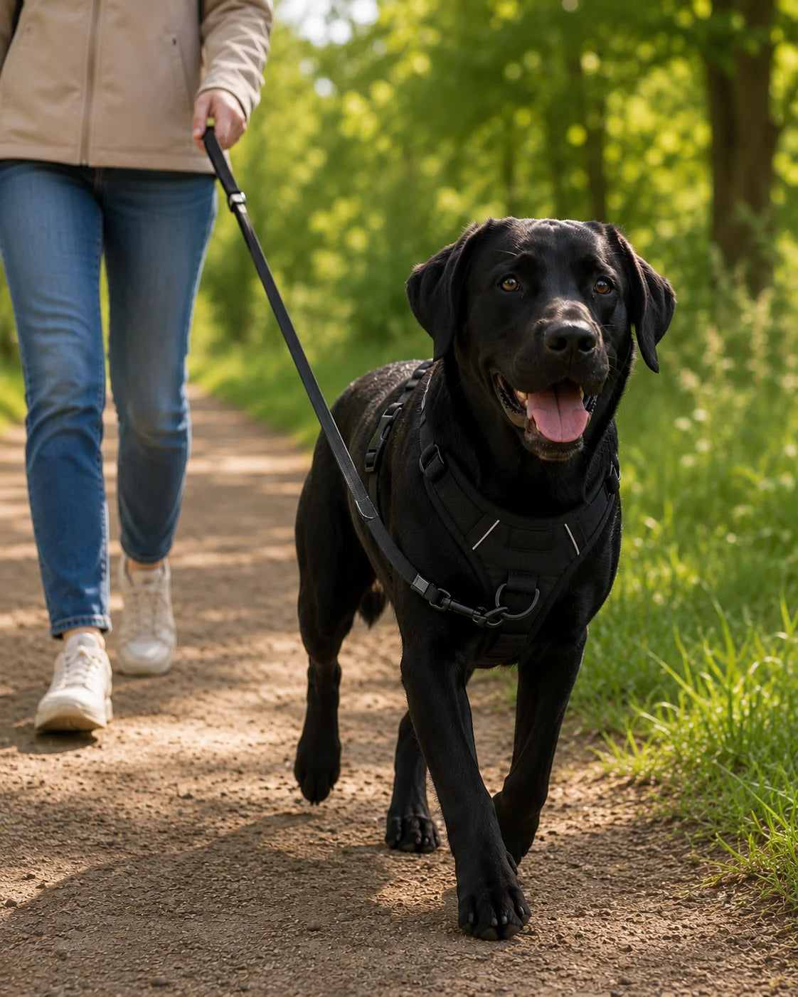 Kundenfoto: schwarzer Labrador läuft im taktischen Geschirr entspannt an der Leine auf einem Feldweg