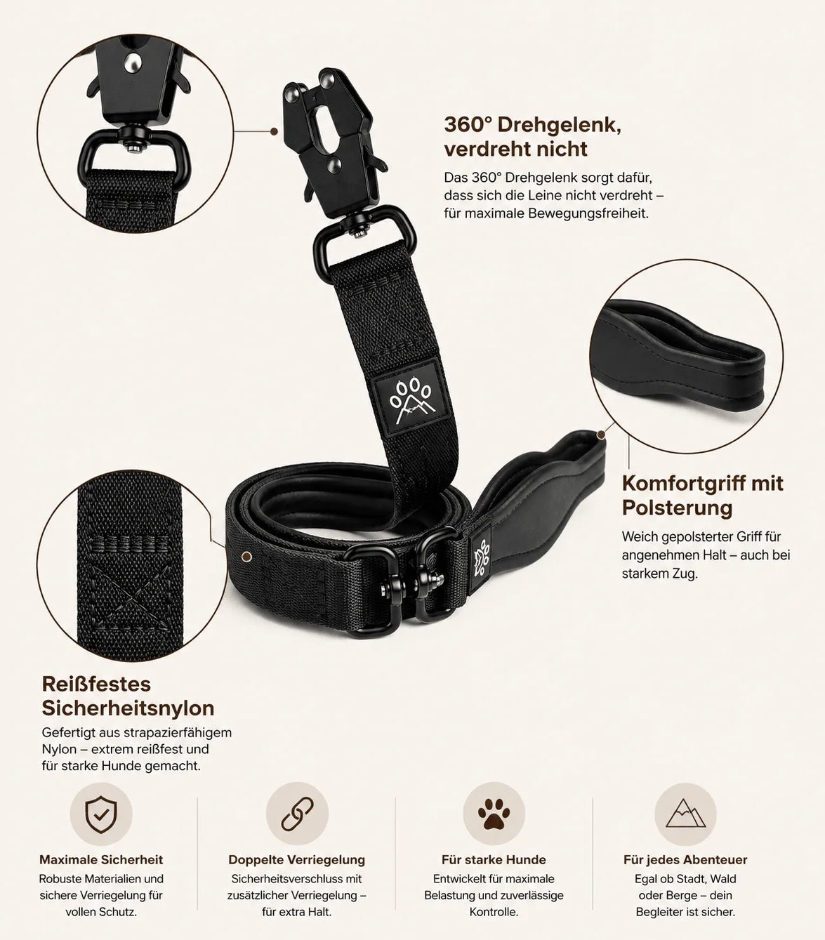 Details der taktischen Hundeleine: 360-Grad-Drehgelenk, gepolsterter Komfortgriff und reißfestes Sicherheitsnylon