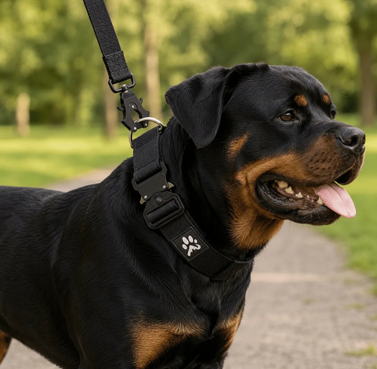 Rottweiler trägt taktisches Halsband mit Sicherheitsverschluss und taktischer Leine im Park